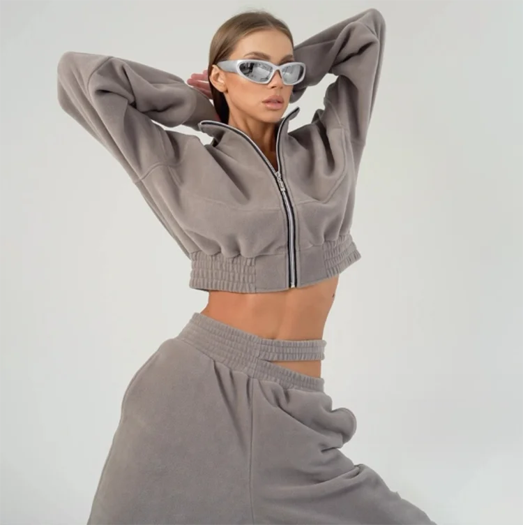 Custom Logo Leather Patch Women Loungewear Sets Sexy Jacket and Pants Set Velour Polar Fleece Jacket Joggers Tracksuit