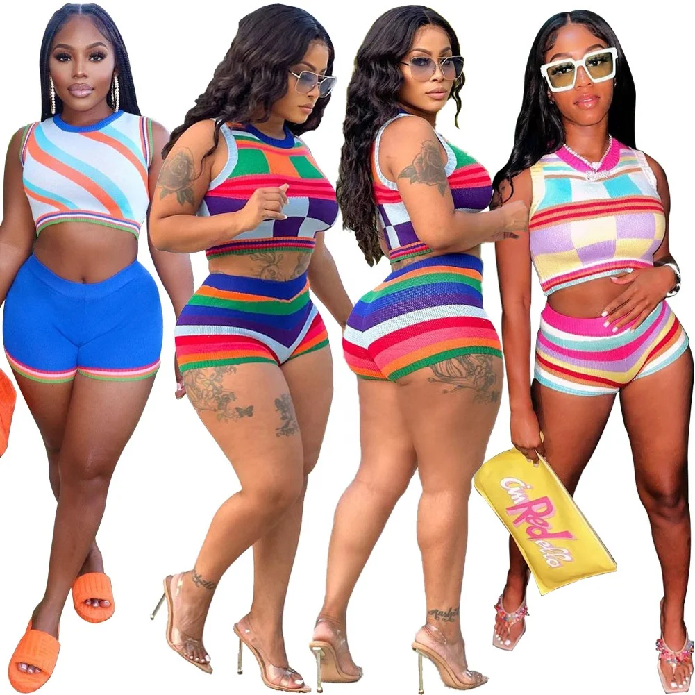 2023 Women 2 Piece Set Clothing Summer knitted Slim O-Neck Sleeveless  Tops+Stretchy Sheath Shorts Suit Crop Top Shorts Set