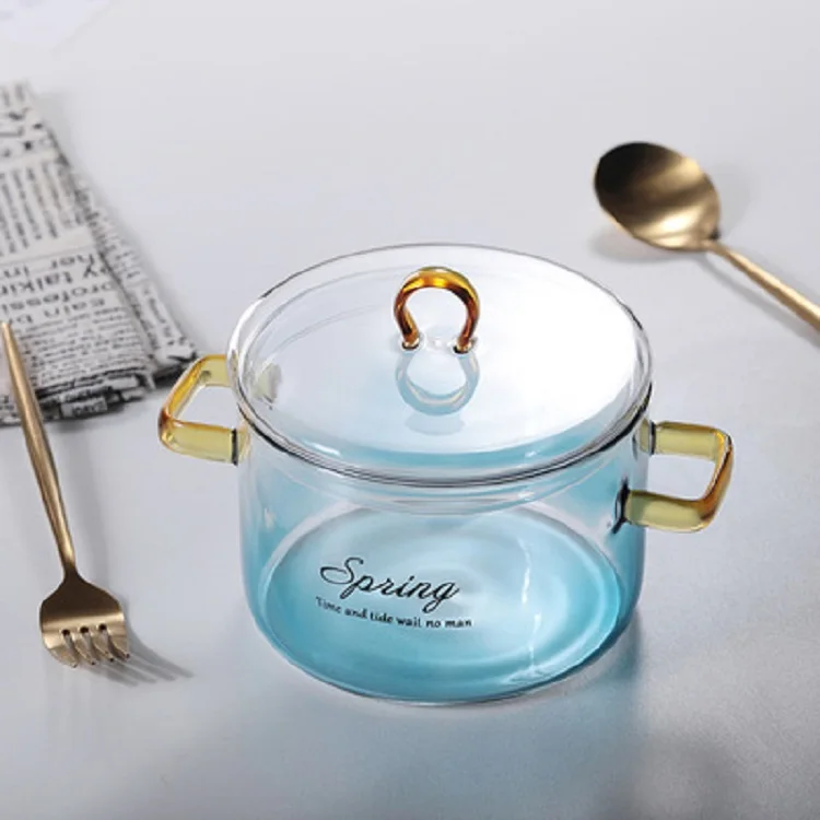 Aeofa High Borosilicate Glass Blue Gradient Two-eared Home Soup Pot Salad Bowl Electric Cooker Heat Stew Pot