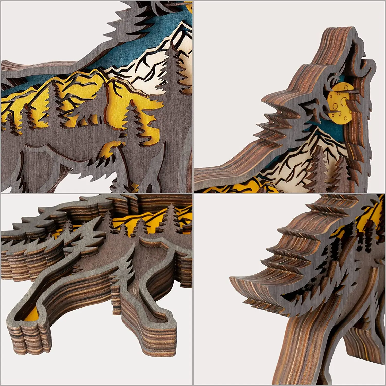 Forest Animal Wooden Home Sculptures Ornament,Multi-Layer 3D Wood Carving Art Shelf Table Wood Crafts Home Furnishing (Wolf
