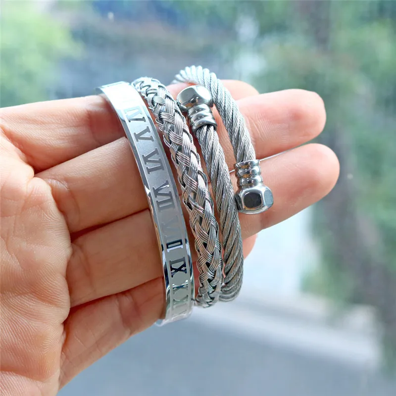 Stainless Steel Roman Numerals Cuff Bangles Set Adjustable Twist Bracelet Screw Nut Rome Gold Plating Titanium Steel Men Jewelry