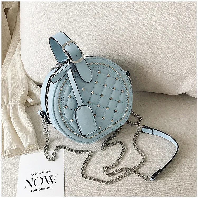 Fashion Rivet Round PU Leather Women Chains Handbag DIamond Lattice Shoulder Bag Lady Travel Purse Crossbody Bag Messenger