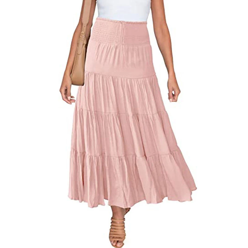 Custom Bohemian Women Summer Casual Elegant Plain A-line Tiered Maxi Skirt