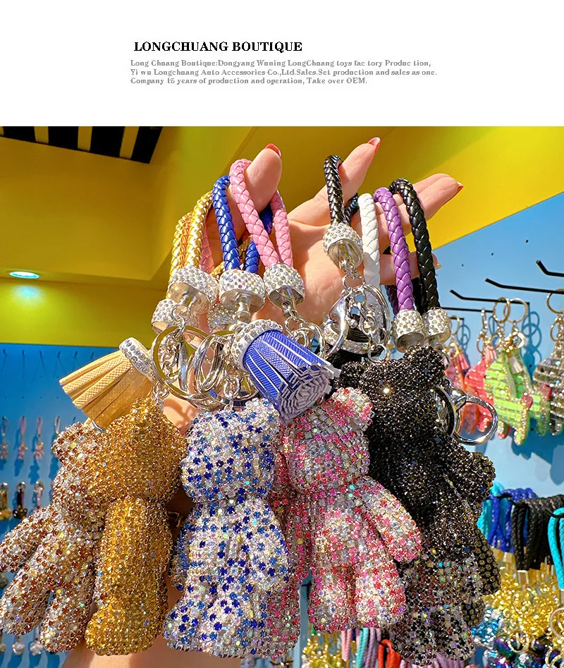 Kids Cute  Bear Key Chain Tassel Rope Lanyards Rhinestone  Car Bling Key Chains Crystal Rhinestone Bear Keychain