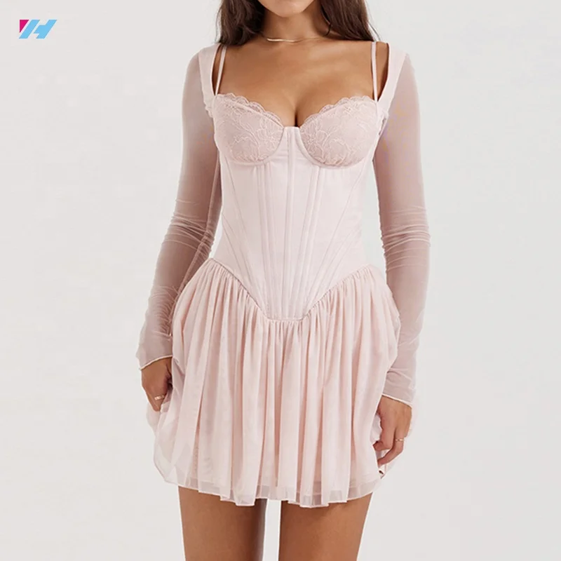 Пользовательские дамы с длинным рукавом корсет платья сексуальные мини шифоновые платья для женщин