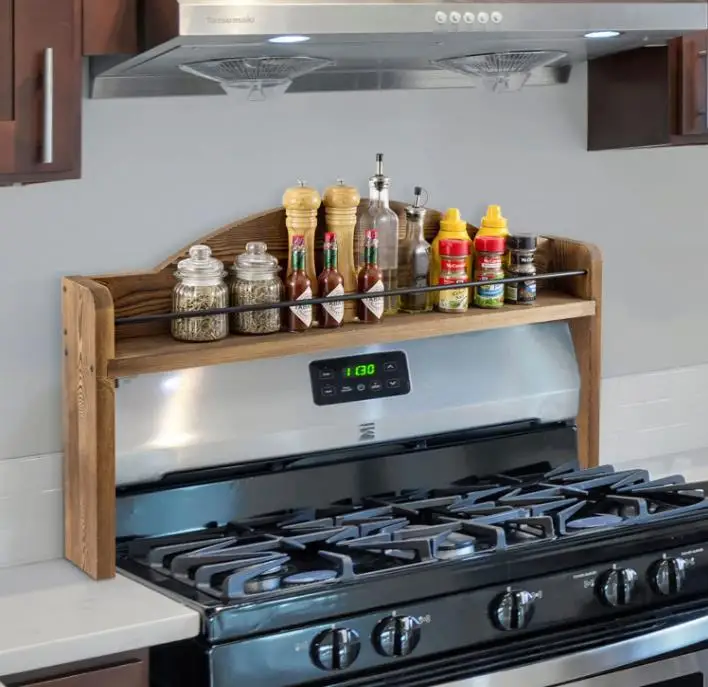 Stove Top Spice Rack Rustic Burnt Solid Wood and Industrial Black Metal Space Saving Over The Stovetop Range Storage Shelf