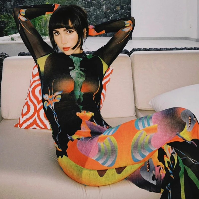 Y2K Casual Streetwear Colorful Round Neck Ladies Maxi Dress Long Sleeve Bodycon Fashion Printed Dresses For Women