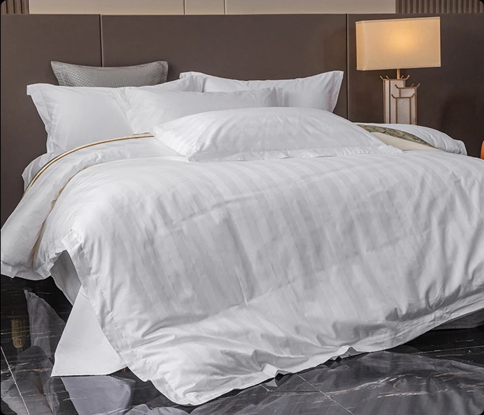 Wholesale Full Size Cotton Bed Linen Set with Material Printed Logo for Hotel Amenities hotel quality white sheets