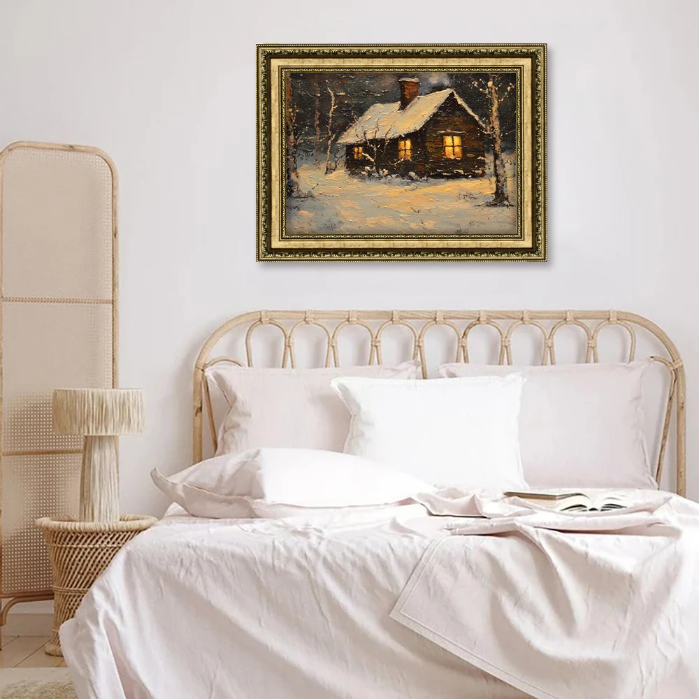 Vintage Ornate Gold Framed Landscape Painting Handpainted Oil Wall Art for Living Room Retro Style Farmhouse Art Bedroom