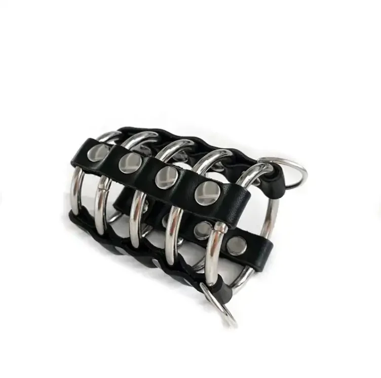 Sm Sex Product Steel Ring Penile Chastity Ring Dermis Leather Sleeve For Male With Copper Locks Bondage
