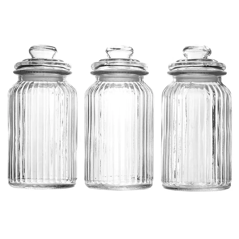 Airtight 1000 ml Ribbed Glass Jar With Glass Lid Food Storage Candy