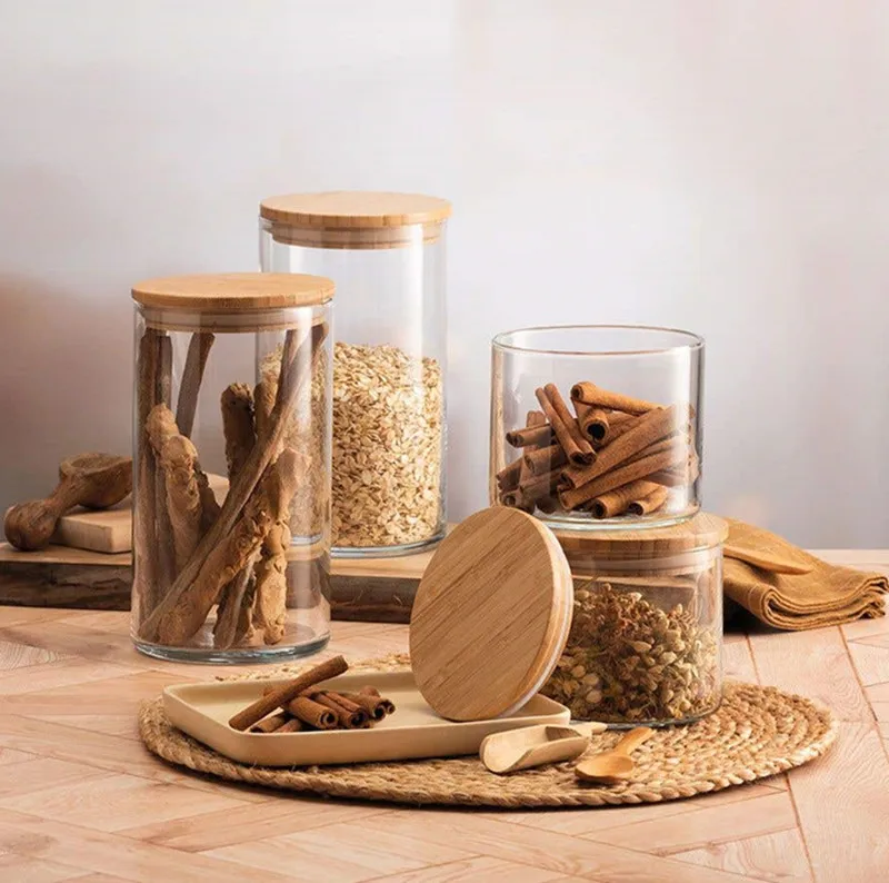 Wholesale Clear High Borosilicate Glass Container 250ml 500ml 750ml 1L Glass Storage Jars With Bamboo Lids Glass Bottles