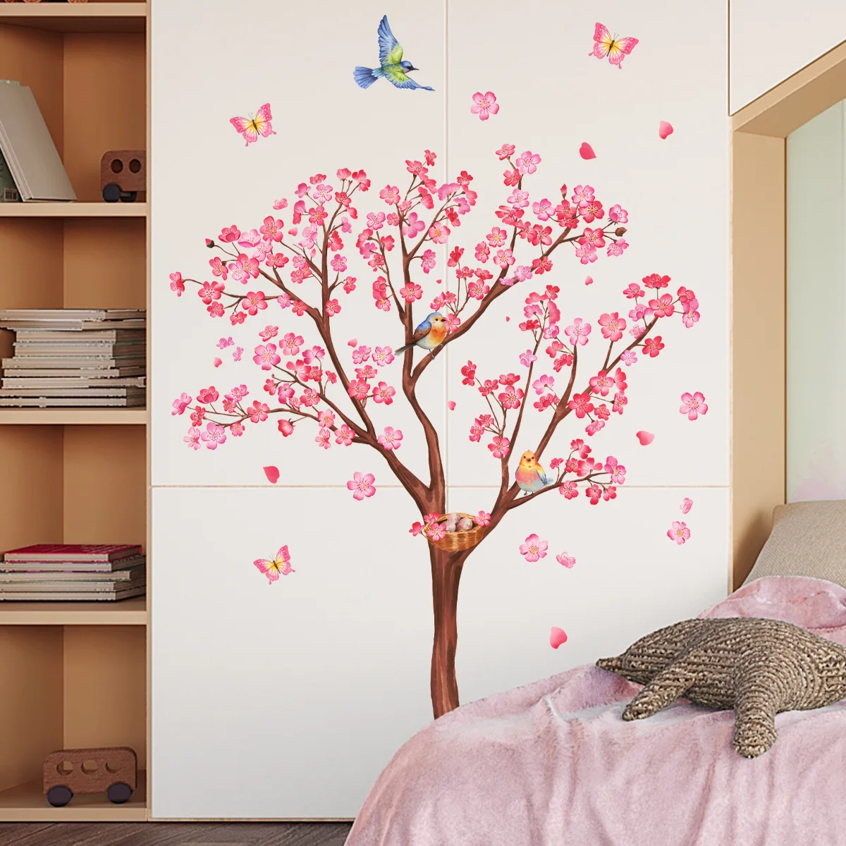 Pink Plum Blossom Tree Wall Sticker butterfly dancing gracefully Decals Living Room Decorative Wallpaper