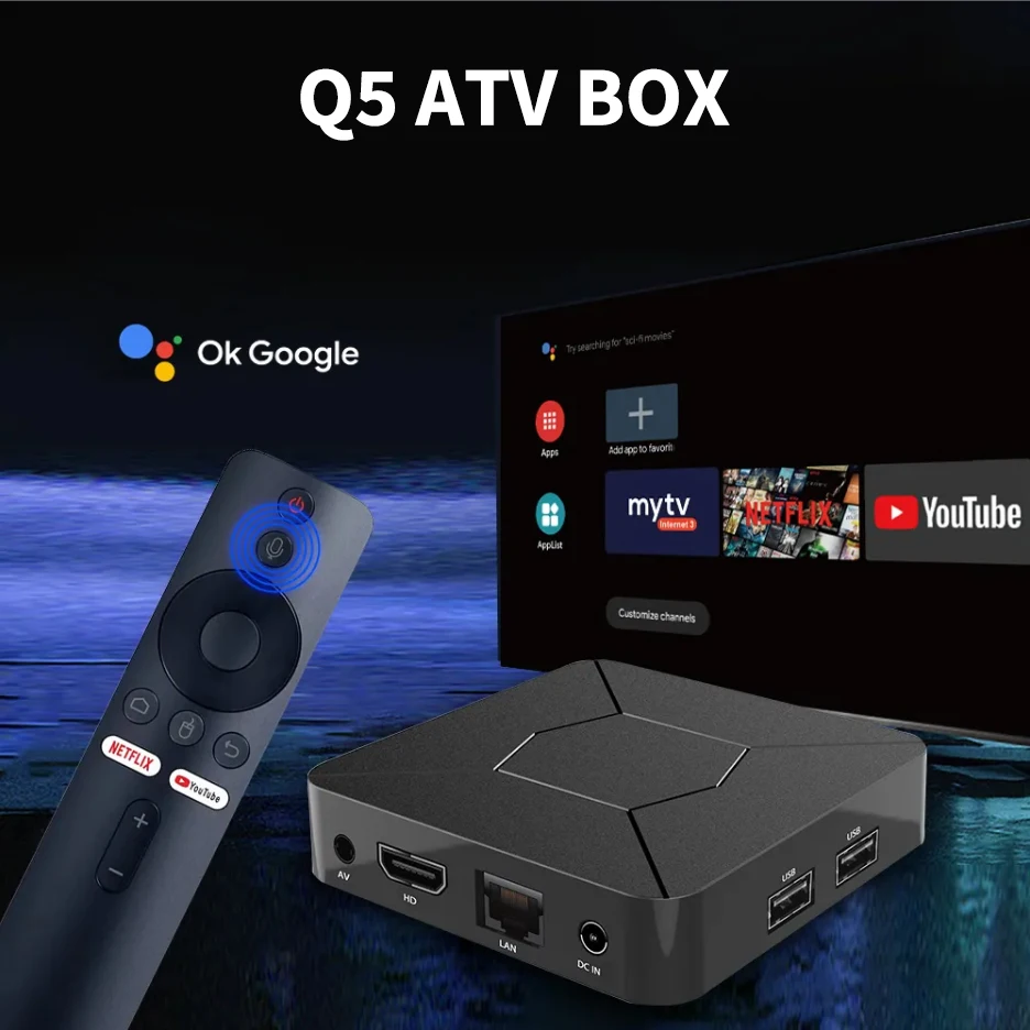 Q5 ATV UI Android Tv Box 4k android tv box Set Top Box Ip tv Dual Band Wifi 2GB 8GB Android 10 System 4k HD Voice remote control