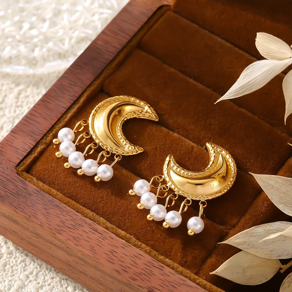 Ear Rings for Women Moon Earrings Plastic Pearl Drop Earrings Wholesale Gold Plated Stainless Steel Earings Jewelry Women