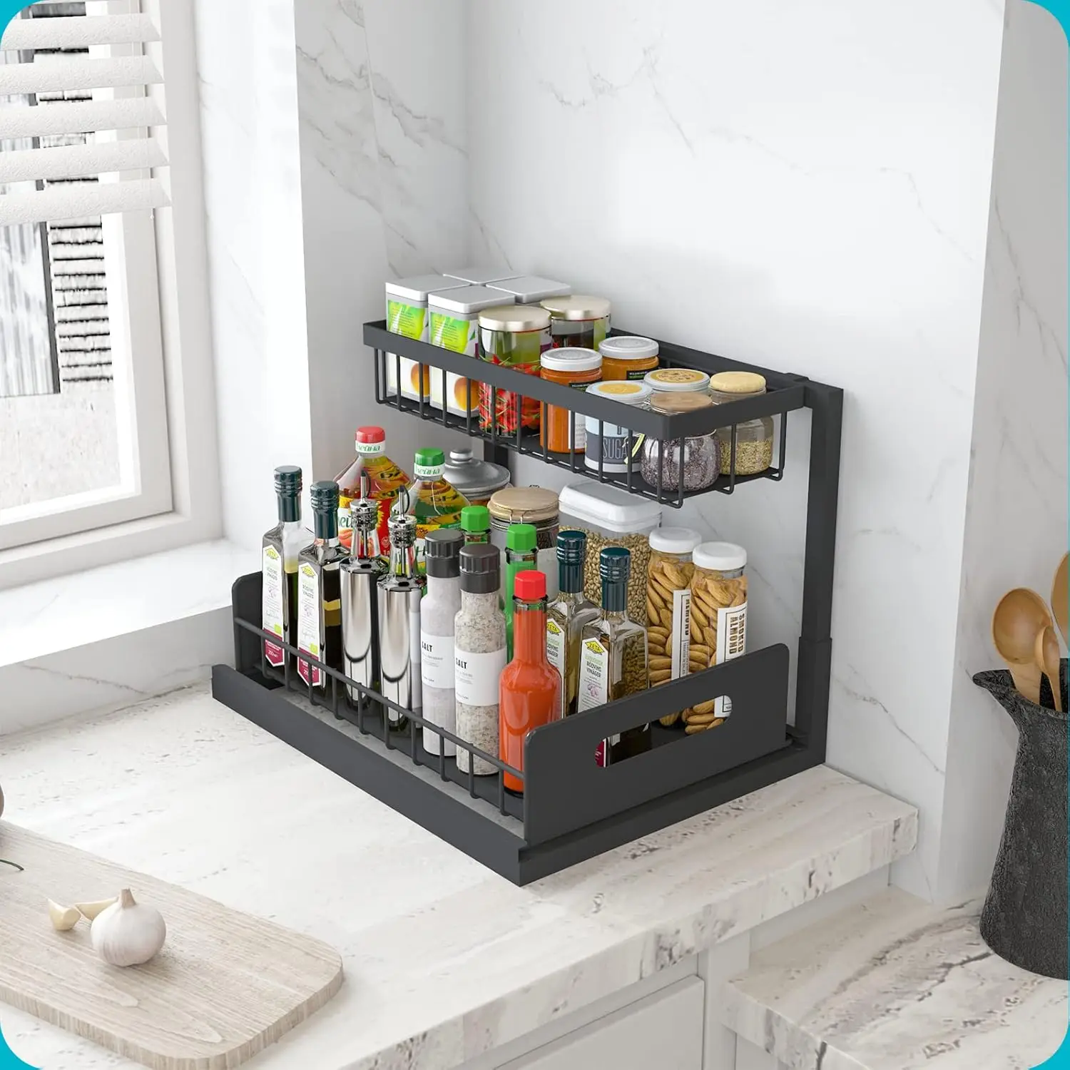 Under Sink Organizer, Metal Pull Out Cabinet Organizer Shelf,Kitchen Bathroom Organizers and Storage with Sliding Drawer