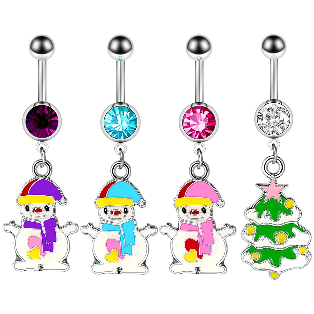 Custom Women Sexy 14G Crystal 316L Surgical Steel Snowman Christmas Tree Dangle Navel Ring
