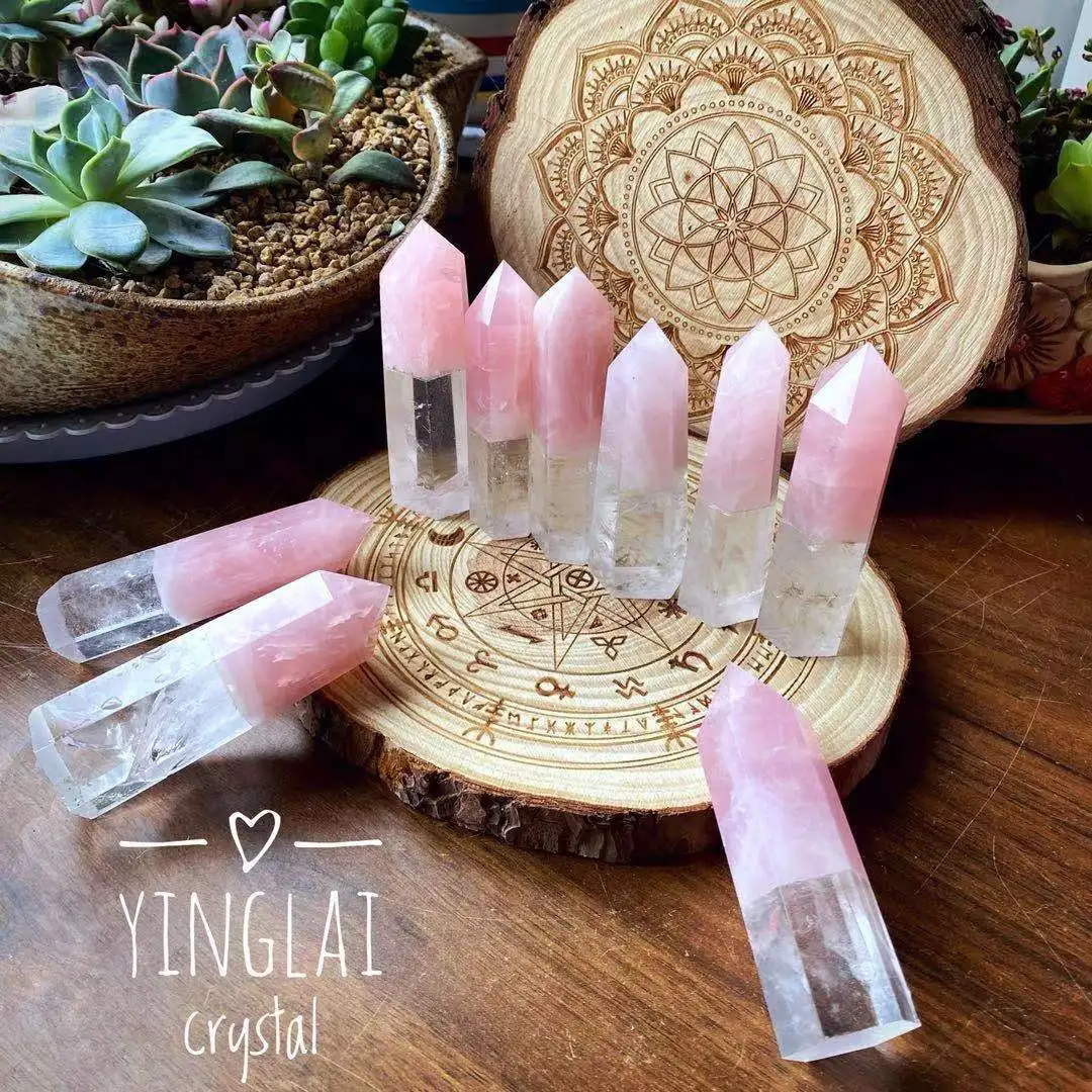 Wholesale natural crystals healings stones wand tower splicing rose quartz and clear quartz points