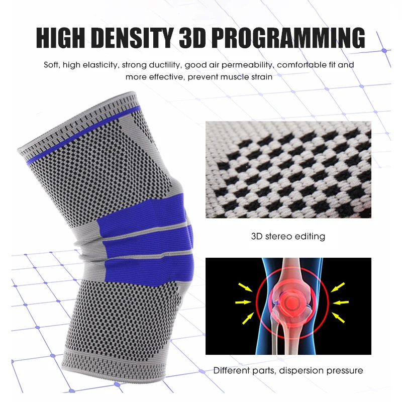 
Nylon 3D knitted Knee Lateral Brace Patella Protector Silicone Spring Knee Pads Sports Compression Sleeve Knee Support 