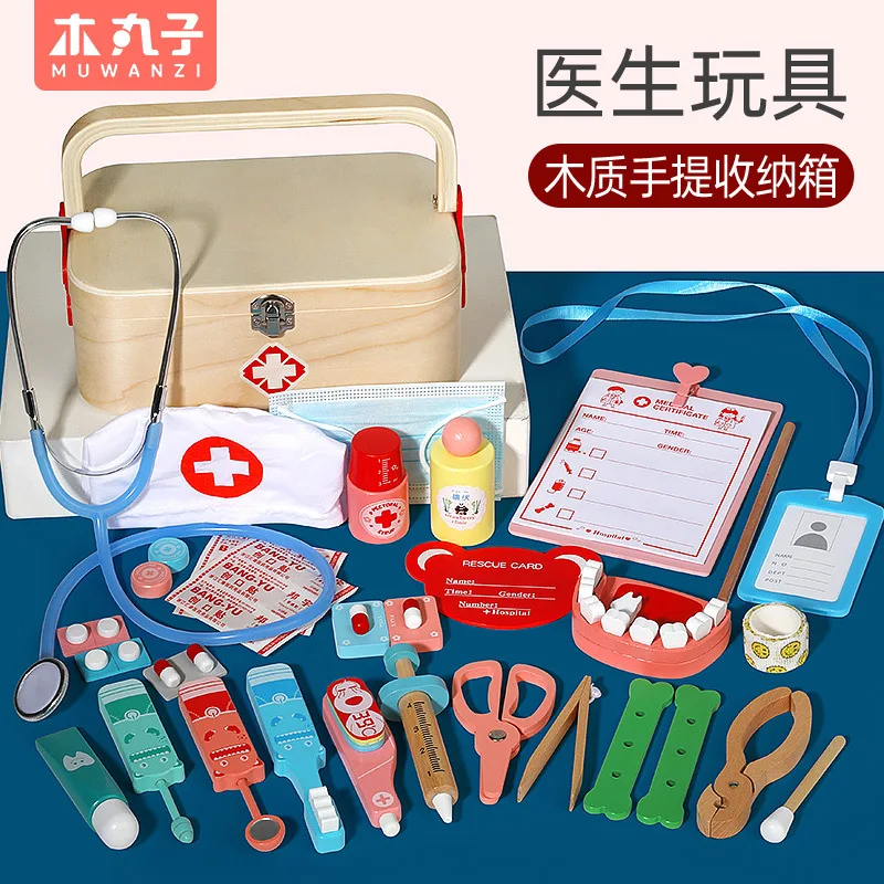 Wooden Doctor Dentist Pretend Play Set  Kit for Toddlers Montessori Medical Kits with Stethoscope & Storage Box for Kids