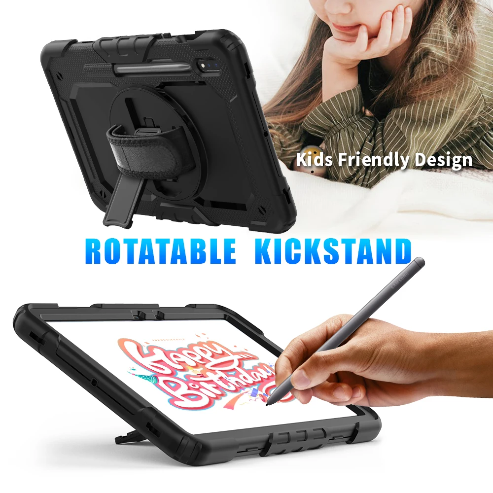  Вращающийся на 360 градусов экологичный противоударный защитный чехол с ремешком и подставкой силиконовый для планшета Samsung Galaxy Tab S7 T870 T875