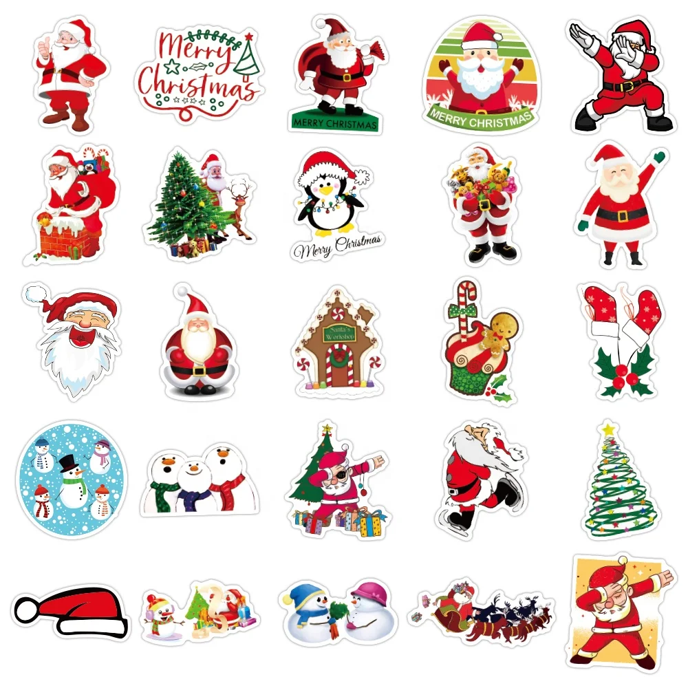 wholesale new 50pcs cartoon christmas DIY sticker Santa Claus Snowman cute expression PVC window notebook waterproof kid sticker