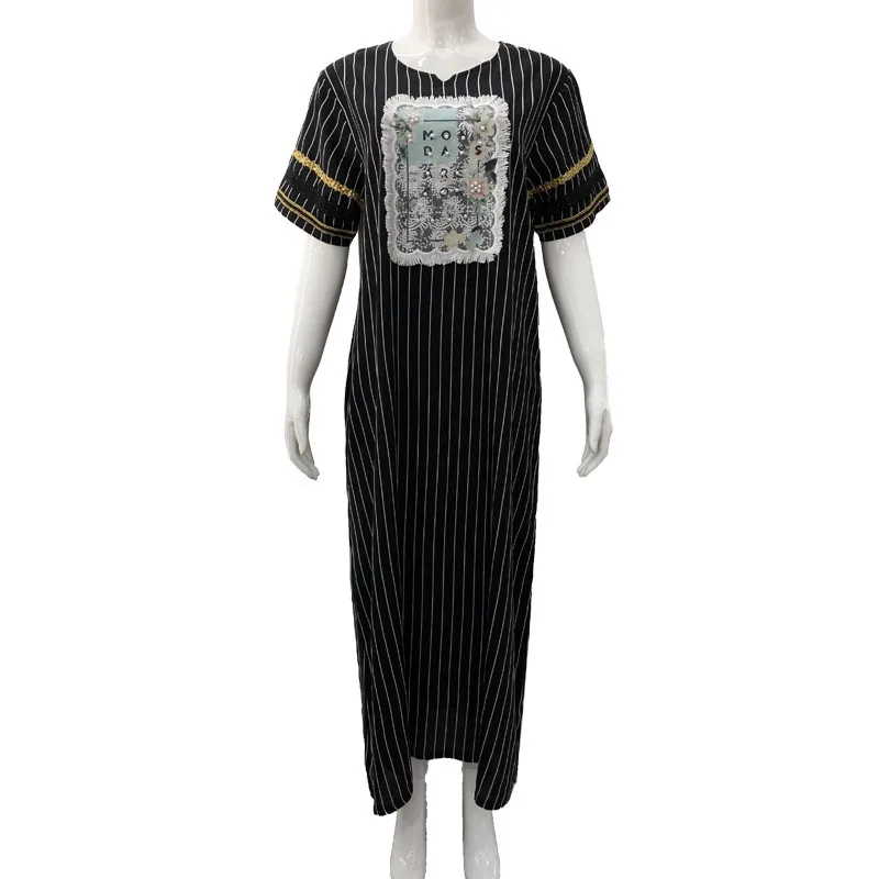 Mid East Morocco Women Fashion Wear Summer Short Sleeve Black Stripe Gown Abaya Dress