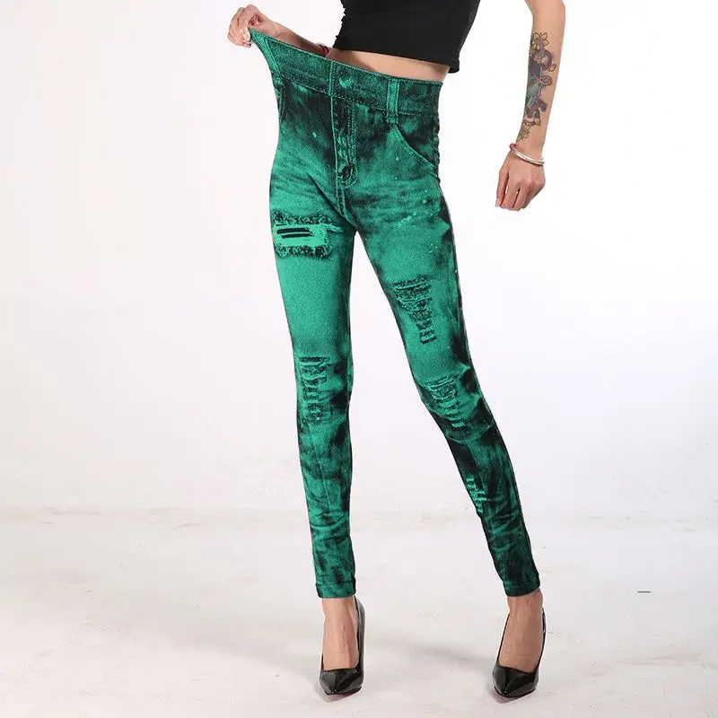 Wholesale Fashion New Women Girls fake ripped printed High Elastic Leggings Slim ladies Pants Clothes Casual