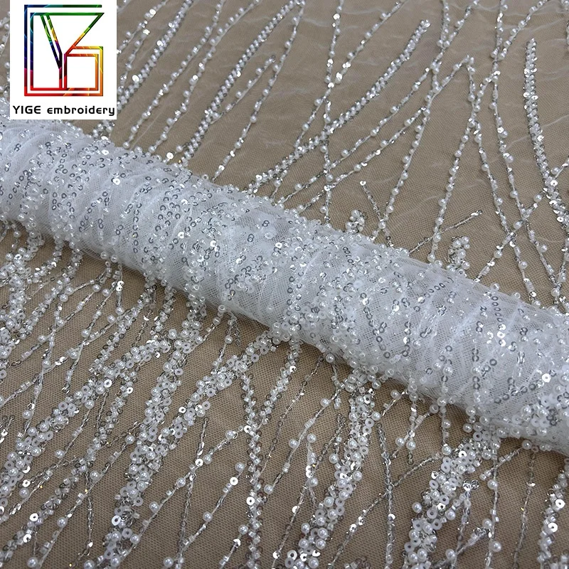 french beaded lace fabric White Bridal Net Laces dubai pearl bead sequins bridal embroidered tulle lace fabric for wedding dress