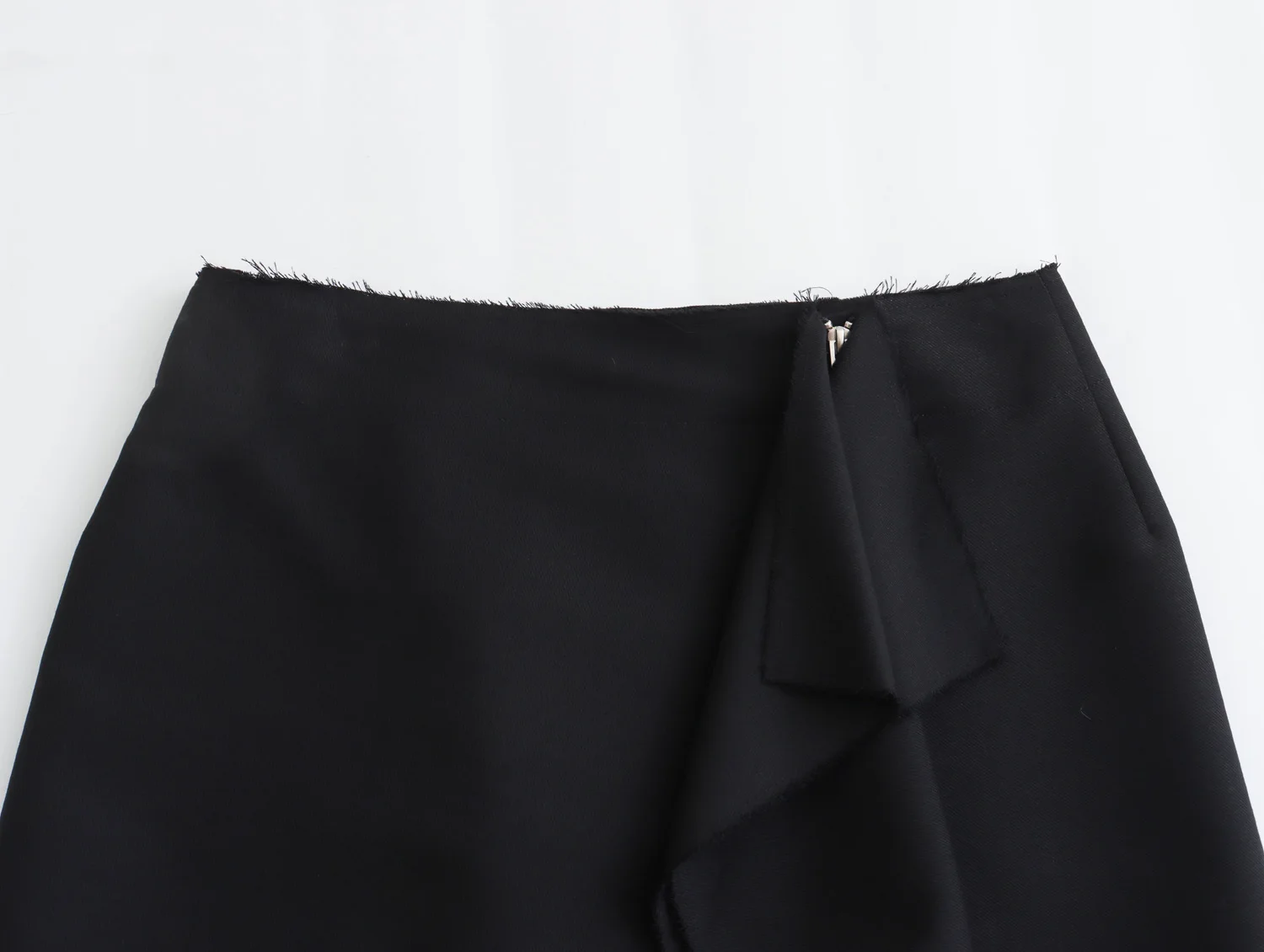 Front zipper fly black color front ruffle casual fashion mini skirt for women