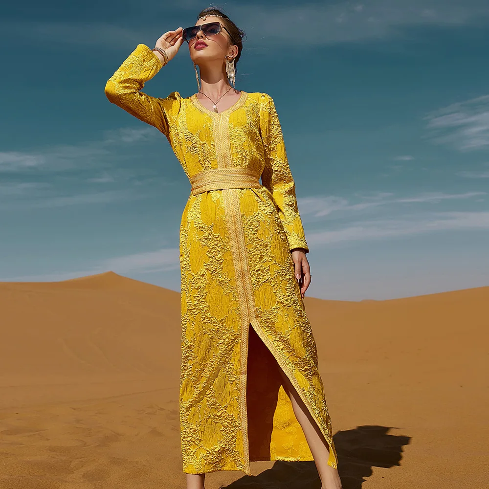 Muslim Ladies Evening Party Wear V Neck 3D Floral Print Yellow Color Elegant Dress Middle East Dubai Muslim Woman Abaya