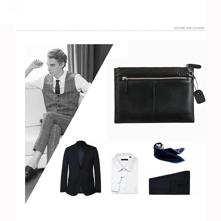 Factory wholesale pu leather zip handbag clutch bag for men business