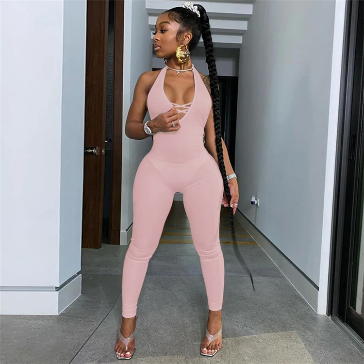 Fondpink Lowest Price Pure Color Deep V-Neck Halter Backless Women Summer Casual Long One Piece Jumpsuits