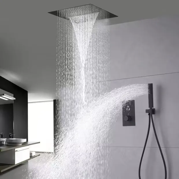 Fashion Function Thermostatic White Shower System Set with Large Bathroom Waterfall Rain Shower Head