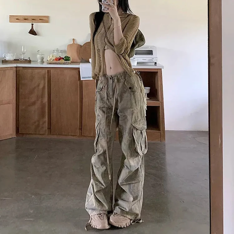 Custom OEM Manufacturer Vintage Pockets High Waist Streetwear baggy Casual ladies Long parachute Cargo Pant for women Trousers