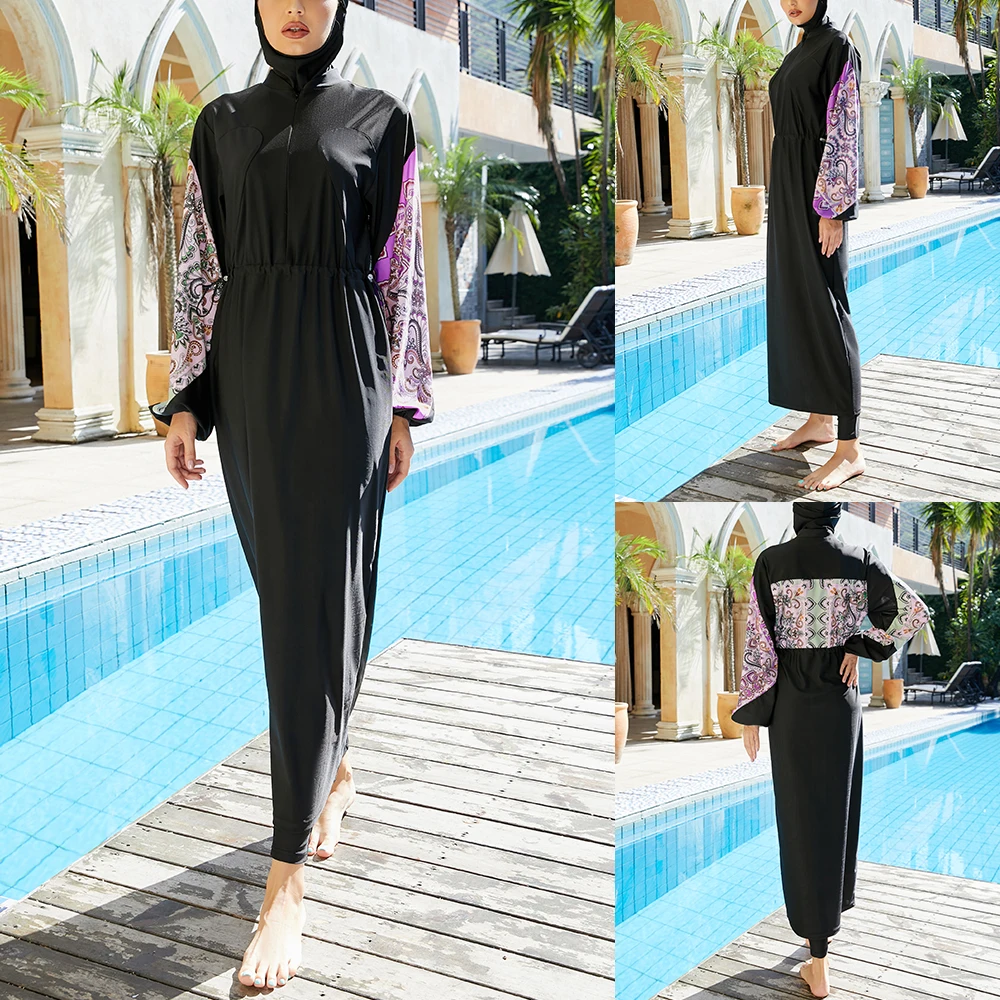 Conservative Spa Swimsuit Sun Protection Full Surround Color Split Beach Diving Surf Three-Piece Swimsuit