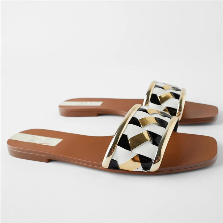 2021 New Product Summer Black And Gold Braided Women Slides Slippers