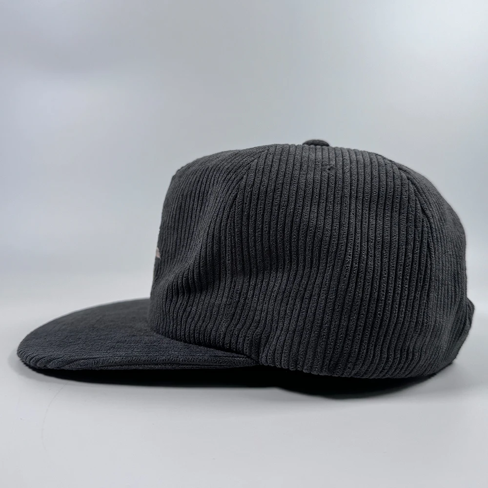 High quality Custom cap corduroy fabric Flat bill unstructured embroidered snapback hats Vintage grey 5 panel baseball gorras