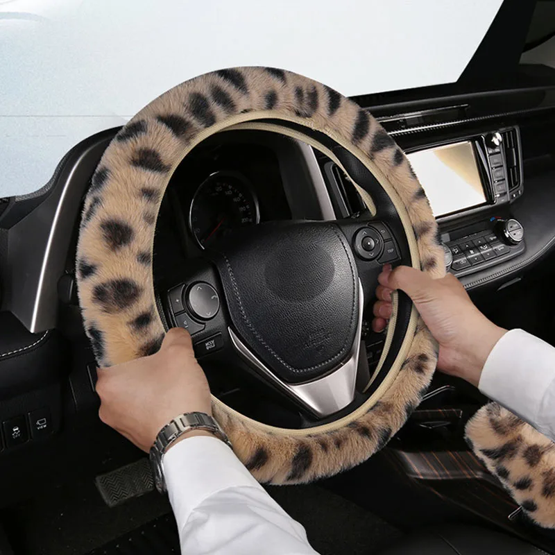 Wholesale winter wool steering wheel cover car fur leather leopard printed steering wheel cover