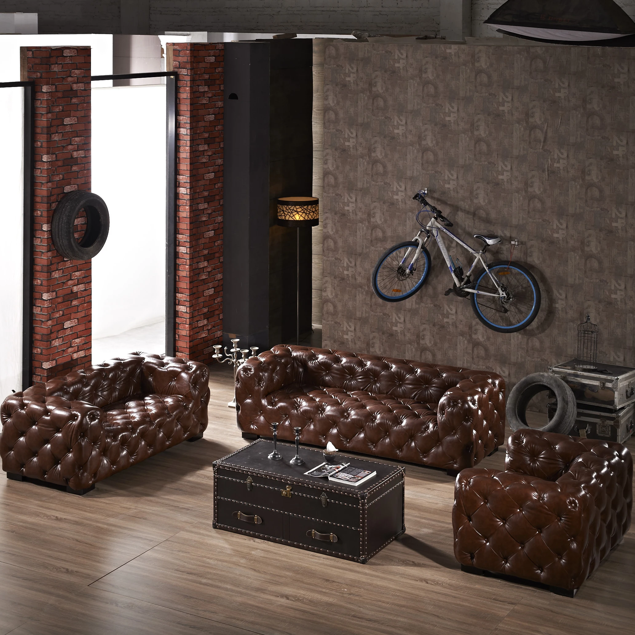 Luxury Retro Tan Leather Chesterfield Sofa Set 1-3 Seater Living Room Sectional sofa