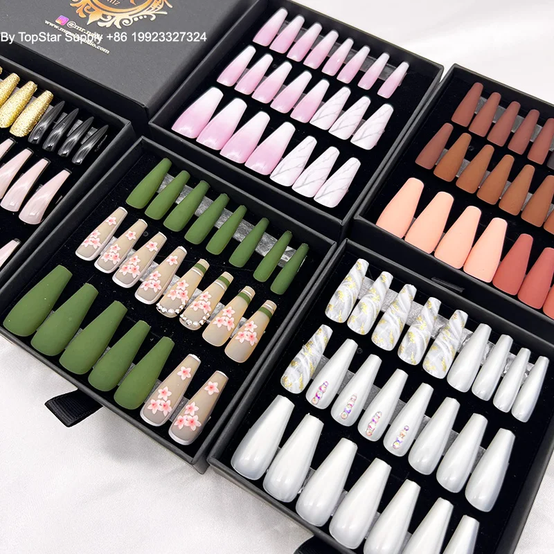 unas press on nails false cute nails handmade artificial fingernails with branded stickers