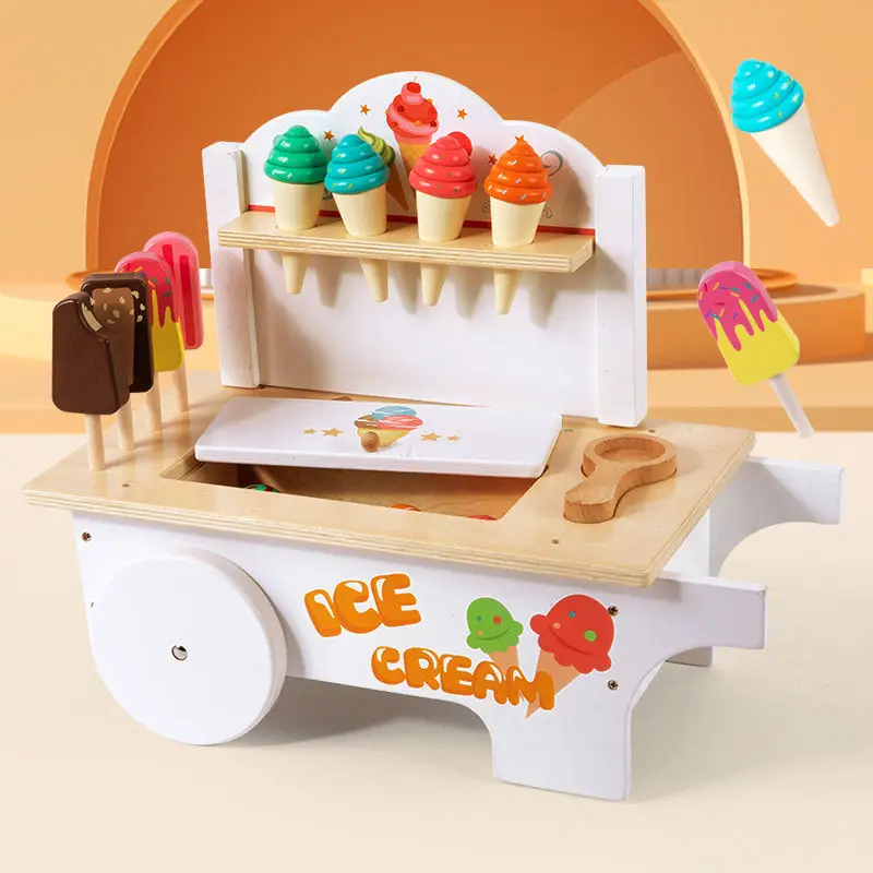 Simulation Ice Cream Truck Girl Shopping Cart Toy Supermarket Cart Wooden Toy ice cream cart