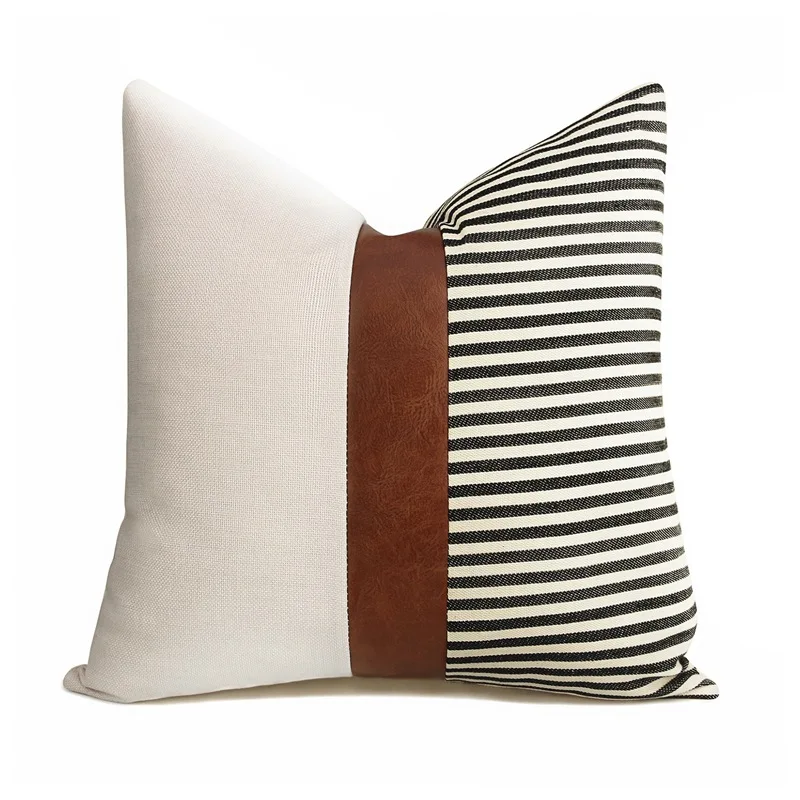 Pillow Covers Farmhouse Decor Stripe Patchwork Linen Throw Pillow Covers Modern Faux Leather Cushion Covers
