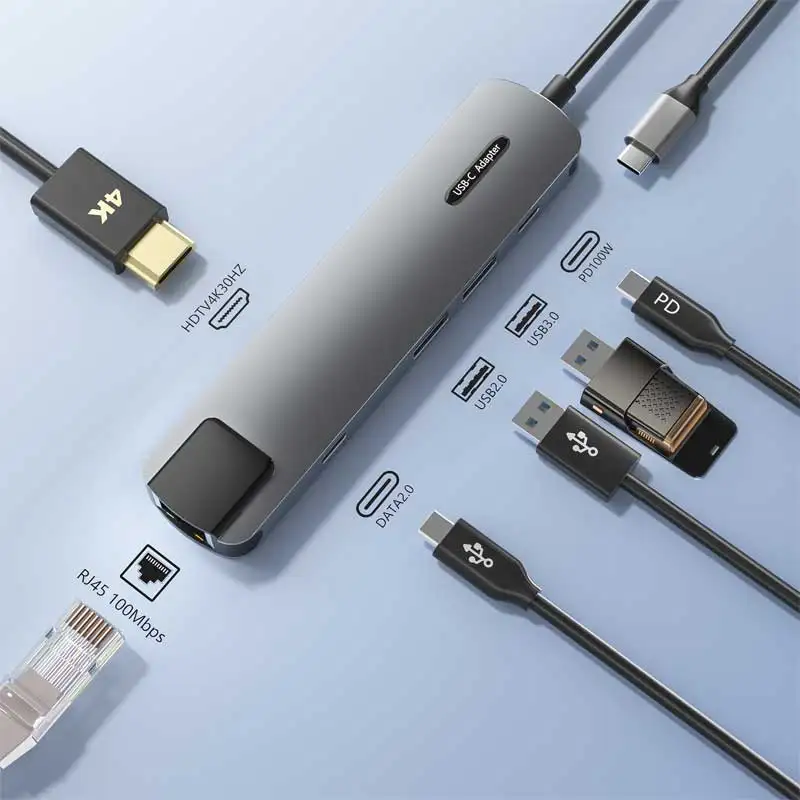 Aluminium Alloy 6 Ports  Type-C To Usb Hub With Pd 100W Hdtv 4K Multi Functional Usb C Hub Device Ethernet Hub Usb-C