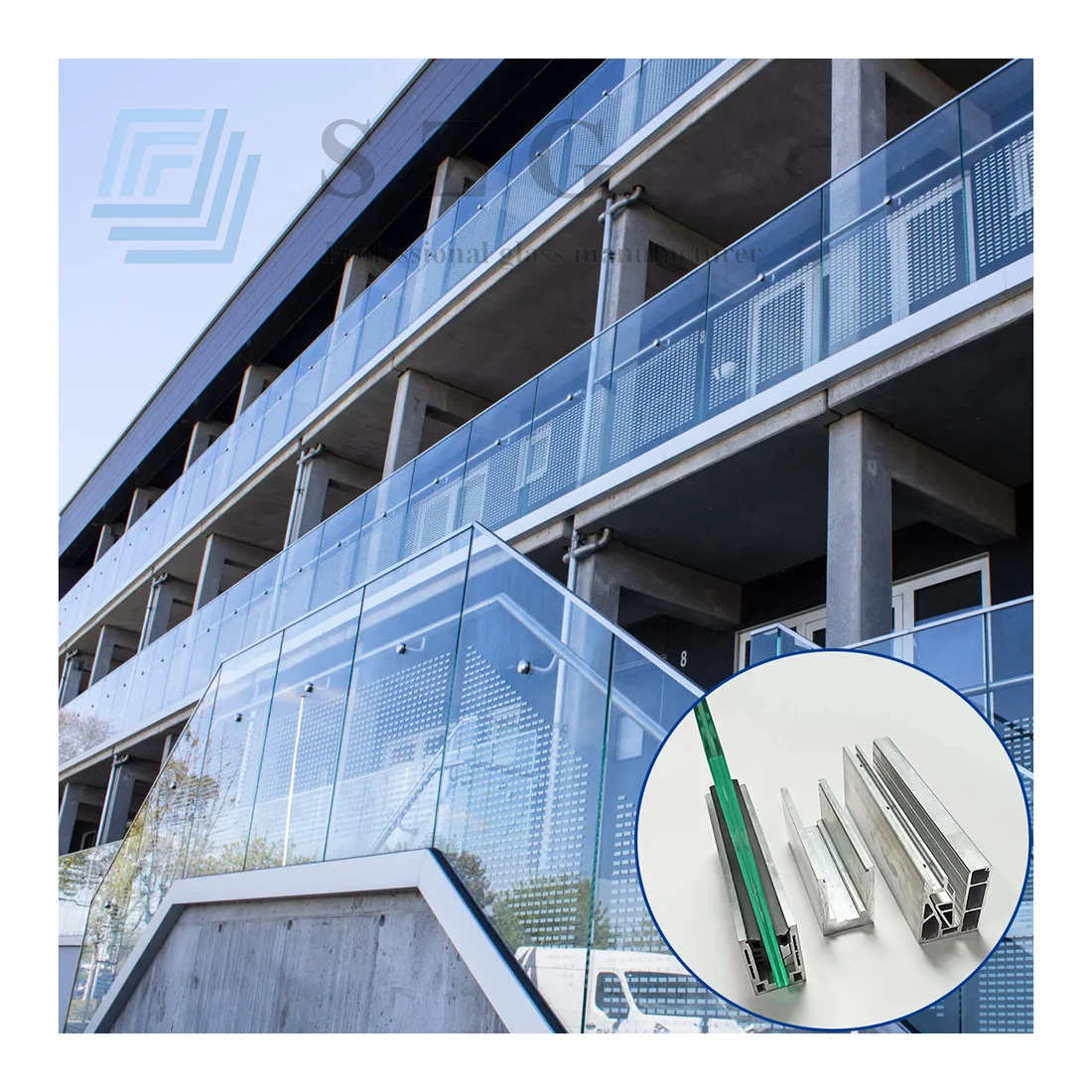 Exterior balcony balustrade frameless stair glass railing brackets designs with tempered glass aluminium u channel fence posts