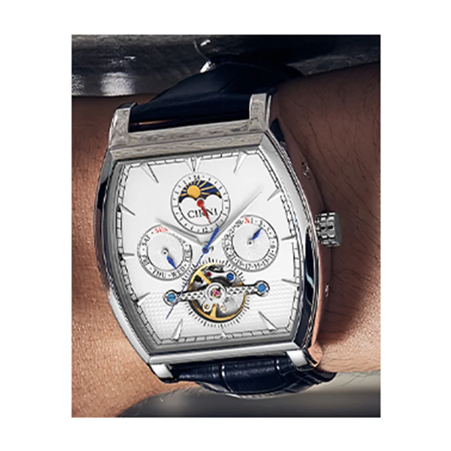 Fashion stainless steel barrel case skeleton flywheel 24 hour show men waterproof mechanical watches