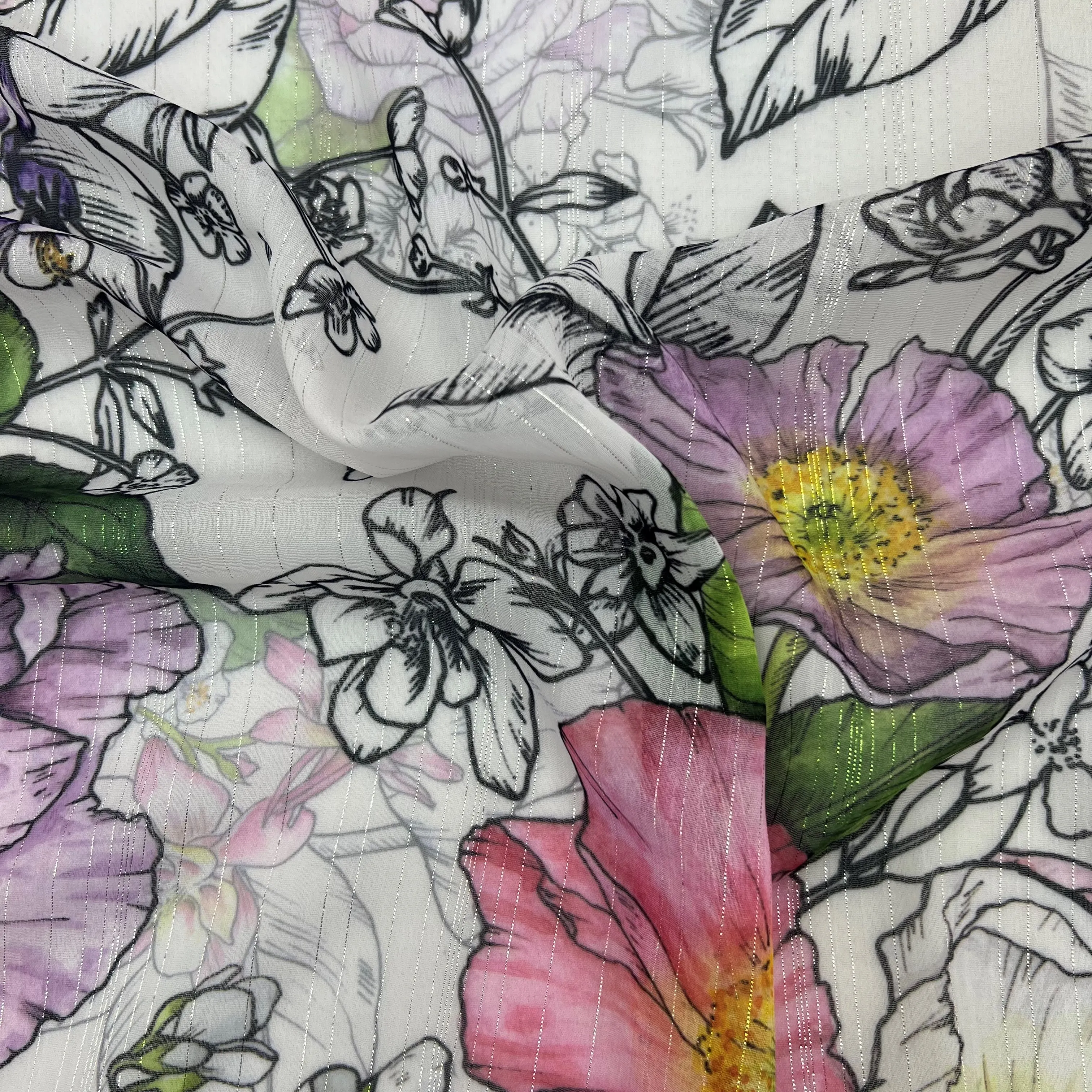 factory direct selling latest fashion handfeeeling soft fabrics silver thyead weave 100%polyester chiffon fabrics for garment