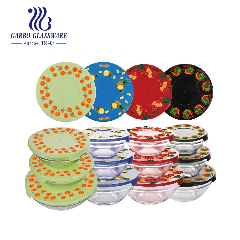Popular Cheap Price 5pcs Glass Bowl Set 5 Sizes Glass Salad Bowl with Customized Printed Lid Kitchen Food Serving Glass Bowl