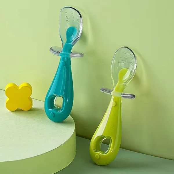 Heguo Maternal Infant Products Silicone Short Handle Complementary Food Spoon Soft Head Kids Dining Fork Spoon Suit for Baby K