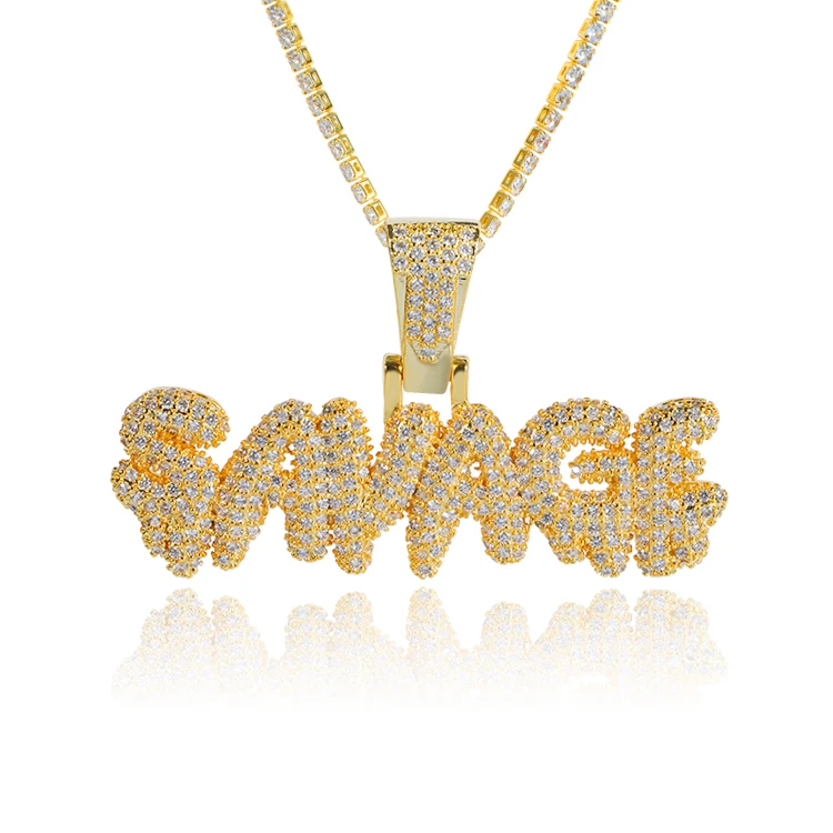 
Amazon Hot Sale Gold Plated Letter Pendant With Stone For Men Hip Hop SAVAGE Letter Pendant Copper Micro 